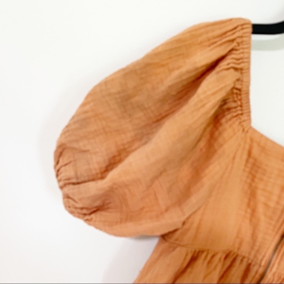 Louna Rust Tiered Puff Sleeve Smocked Mini Dress Size Small - Picture 8 of 12